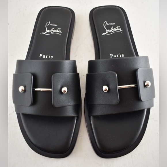 Christian Louboutin Chambelimule Donna Flat Black Calf Leather Slide Sandal 35 - Picture 7 of 15